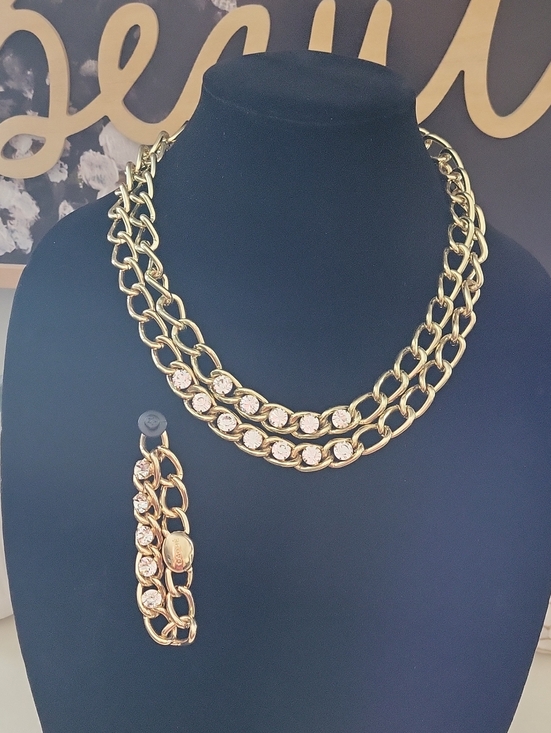 Cache Jewelry - Cache Gold-Tone Double Chain Necklace with Clear Crystals With Matching Bracelet